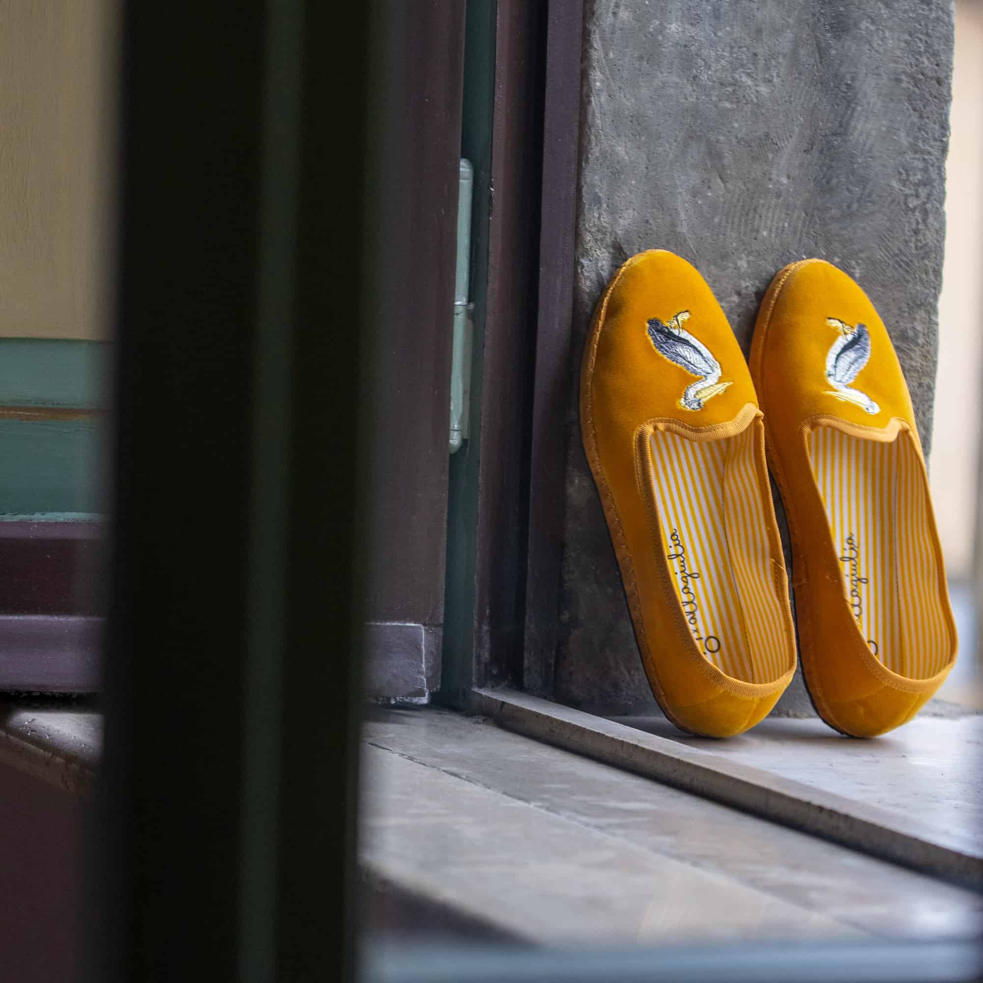 ISSIMO x Allagiulia Mustard Velvet Loafers with Pellican Embroidery