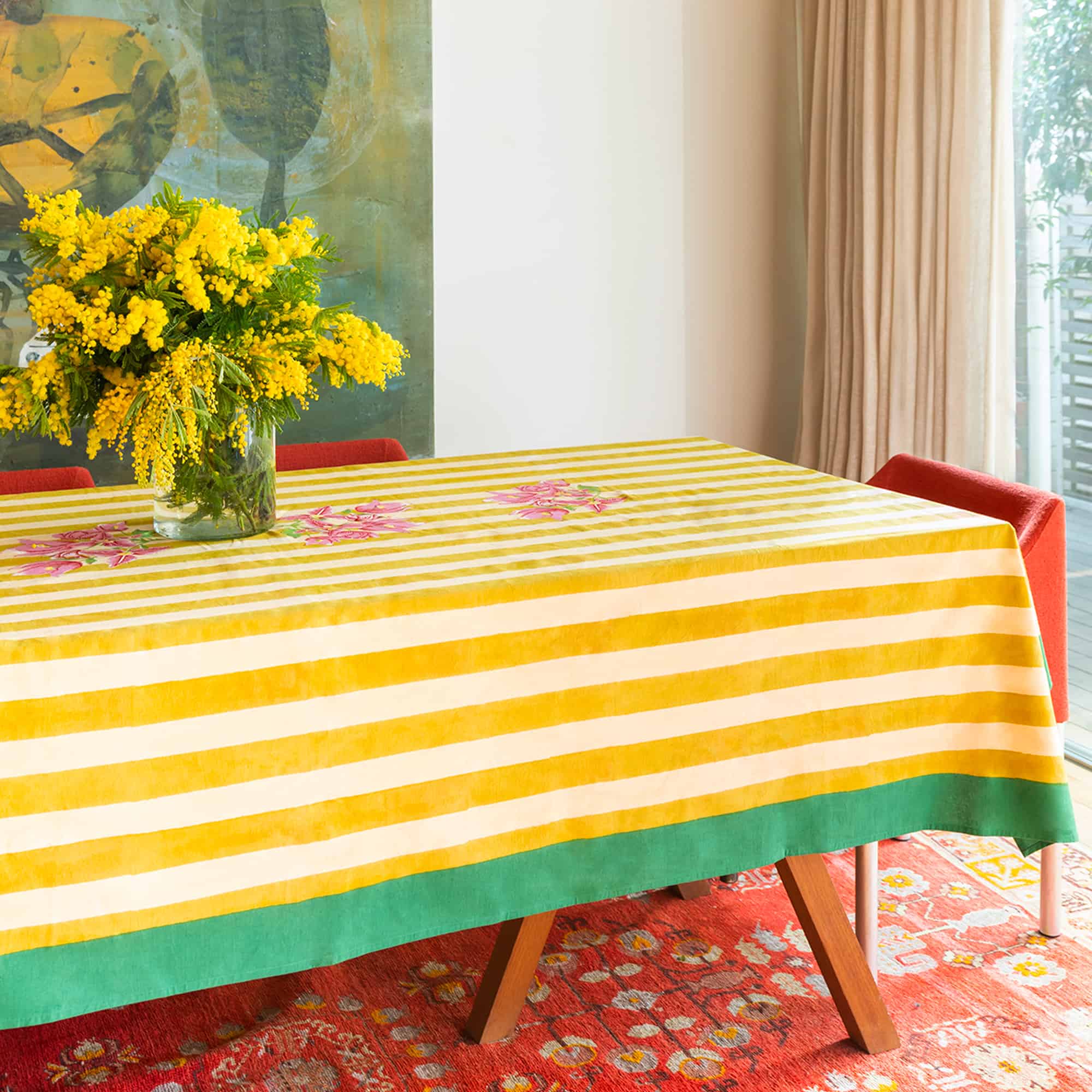 ISSIMO X Lisa Corti Bougainvillea Mustard Stripes Tablecloth