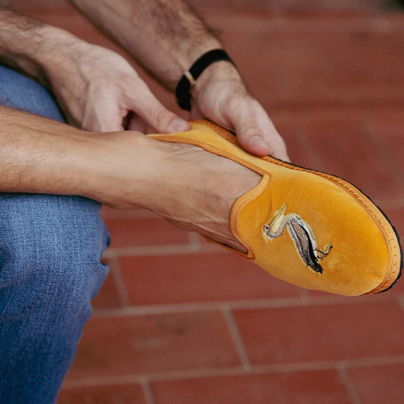 ISSIMO x Allagiulia Mustard Velvet Loafers with Pellican Embroidery