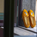 ISSIMO x Allagiulia Mustard Velvet Loafers with Pellican Embroidery