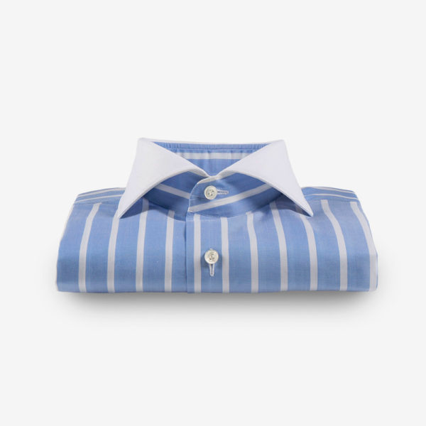 Issimo friends Battistoni Striped Battistoni Cotton Dress Shirt 100% cotton. WHITE AND LIGHT-BLUE STRIPED COTTON DRESS SHIRT WITH SPREAD WHITE COLLAR AND CUFFS. This extra soft cotton dress shirt, featuring the spread collar and cuffs, is the ideal combo for an elegant look Made in Italy TIME OF REALIZATION: 20 DAYS.  THIS IS A MADE TO ORDER ITEM AND THEREFORE IS NOT REFUNDABLE. chicissimo gentleman 350 euros price