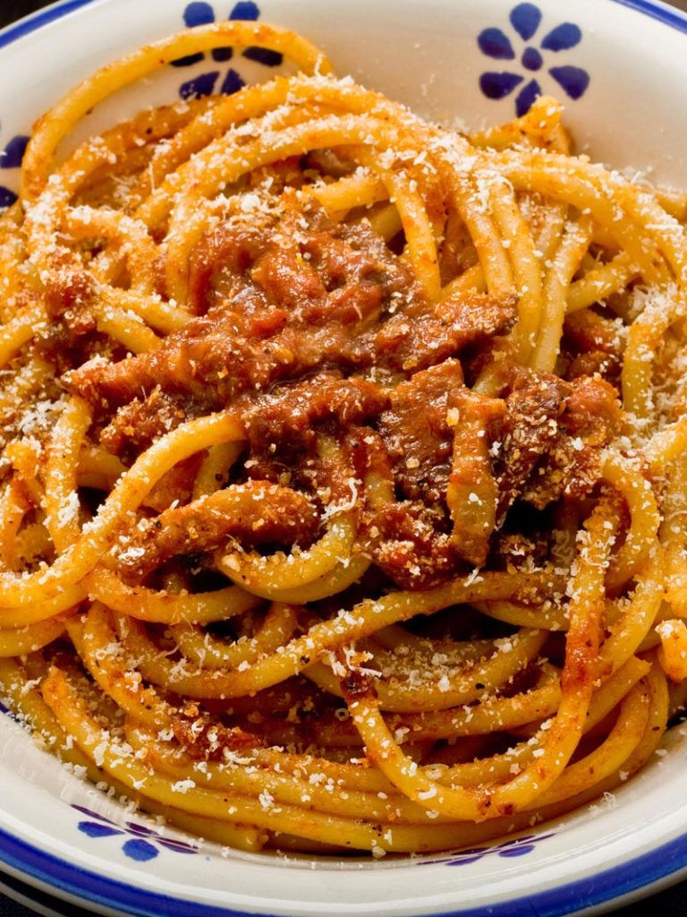 Amatriciana with bucatini style pasta.