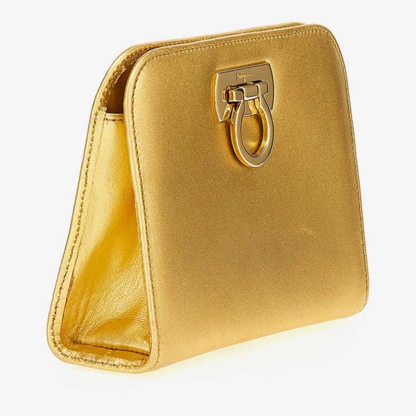 Ferragamo's Creations golden nappa clutch, side fashion ISSIMO