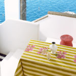 ISSIMO X Lisa Corti bougainvillea stripes tablecloth, lifestyle detail mustard home decor
