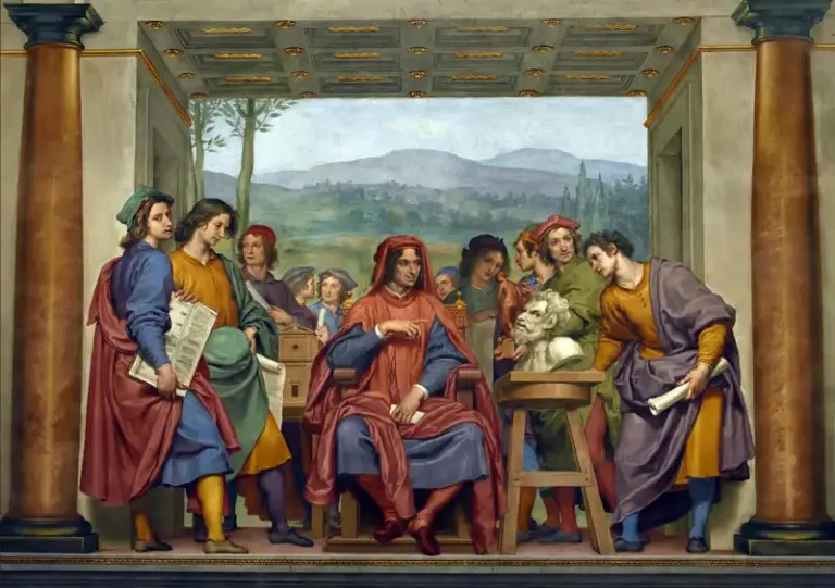 A fresco depicting Lorenzo di Medici surrounded by artists, an ode to his great patronage of arts and culture