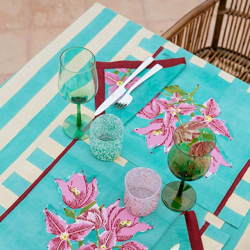 Issimo x Lisa Corti bougainvillea square tablecloth, white veronese home decor