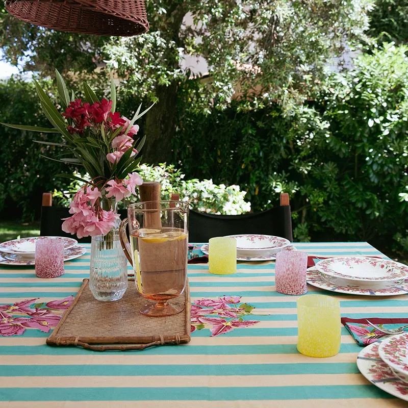 ISSIMO x Lisa Corti bougainvillea white veronese stripes square tablecloth, home decor
