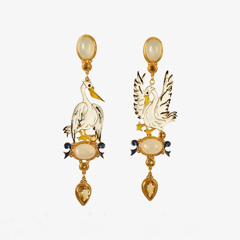 ISSIMO X Percossi Papi White Pellicano Earrings jewelry gold pleated enamel cloisonnè moonstones citrine quartz