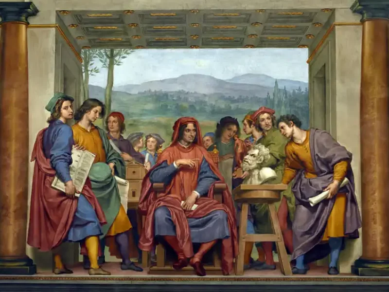A fresco depicting Lorenzo di Medici surrounded by artists, an ode to his great patronage of arts and culture
